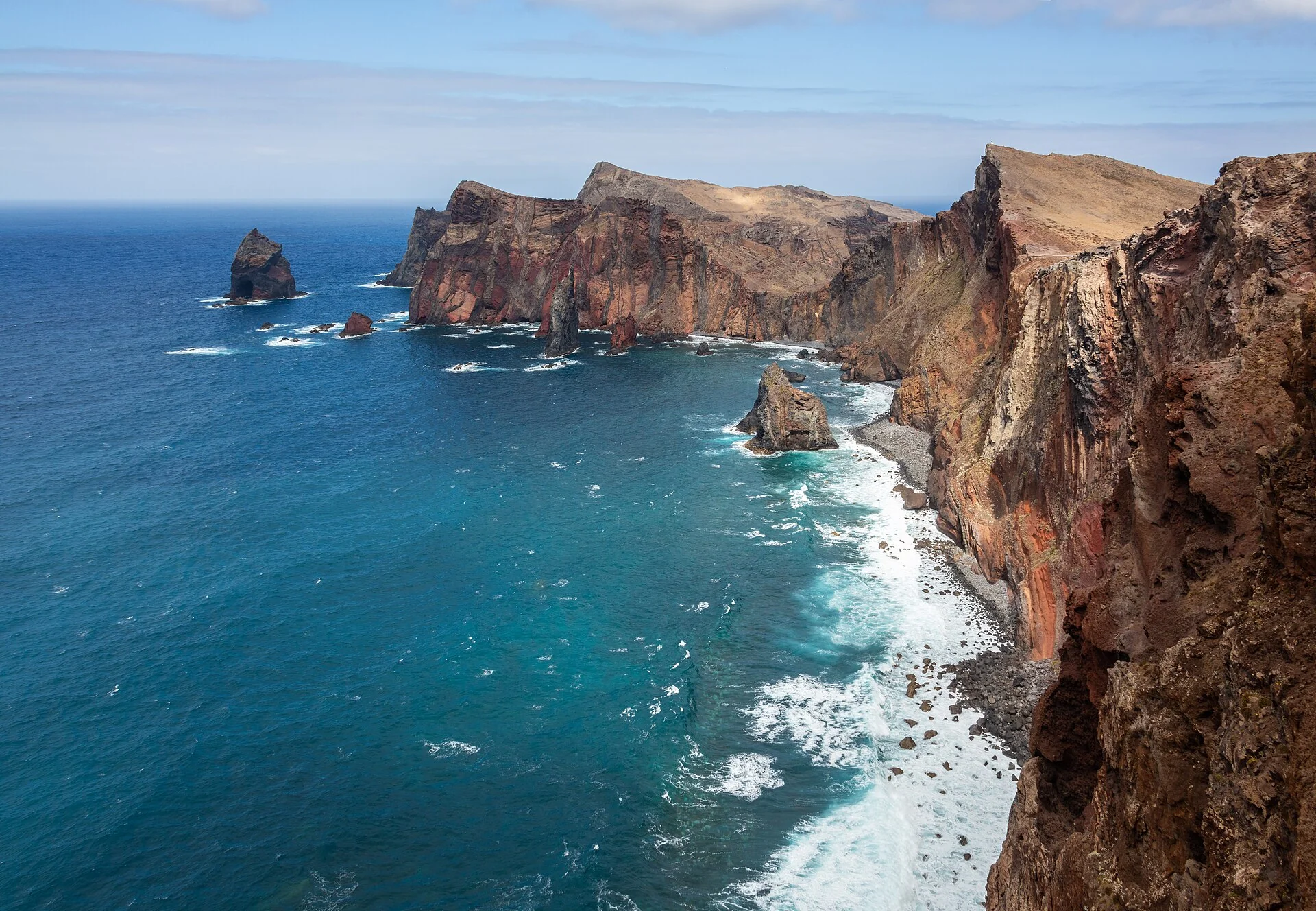 Atlantic waves below red coastal cliffs at Ponta de São Lourenço, Madeira
