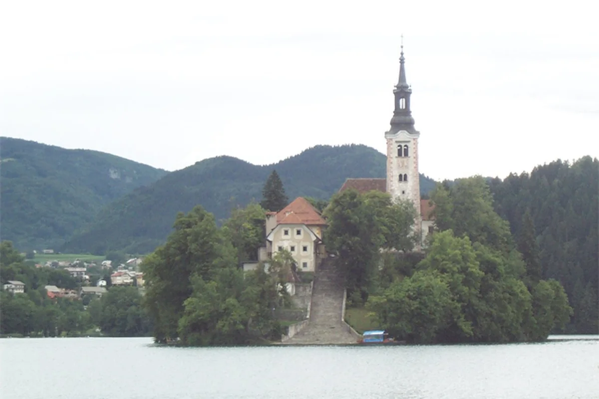 Lake Bled island church and mountains in Slovenia